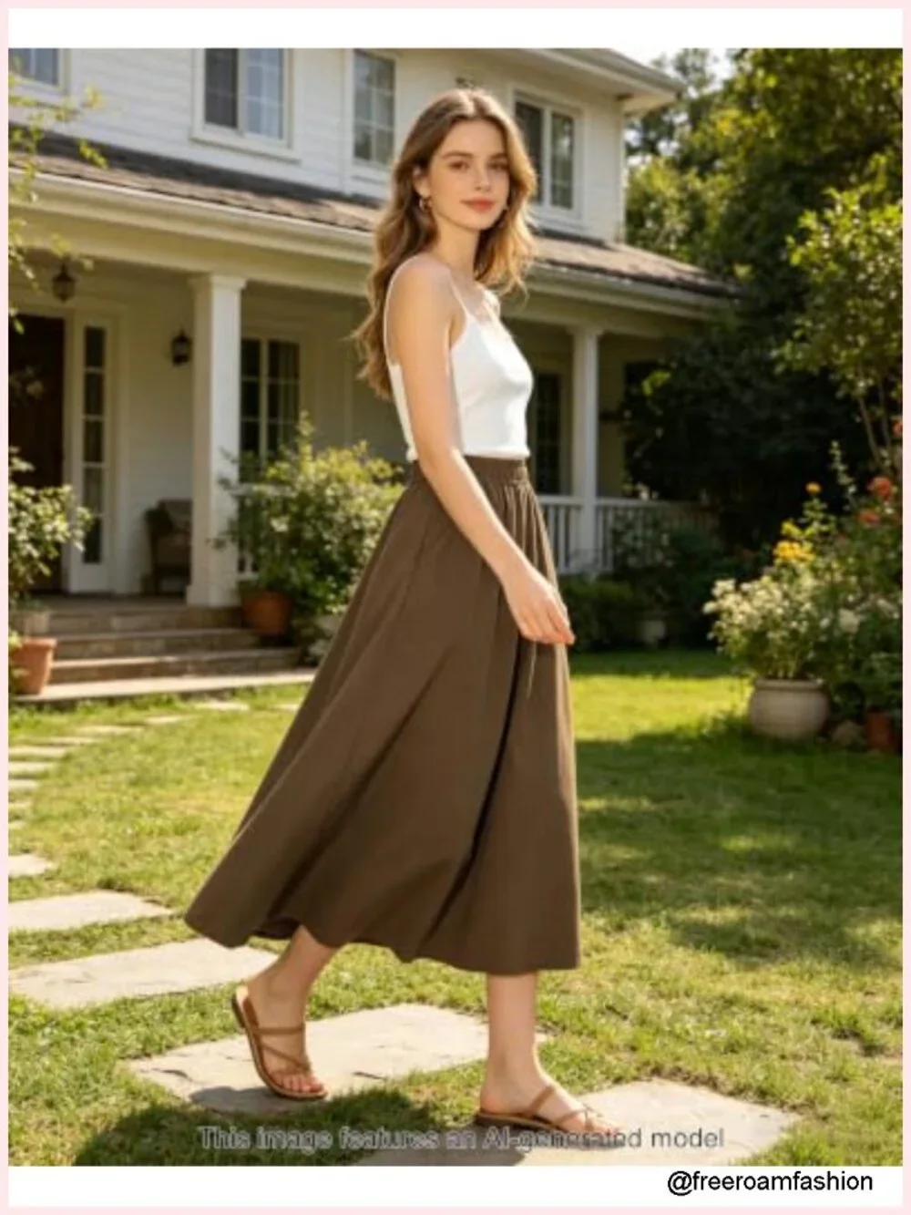 Cotton Linen Midi Skirt with Pockets A-Line Flowy Elastic High Waist Boho Skirt